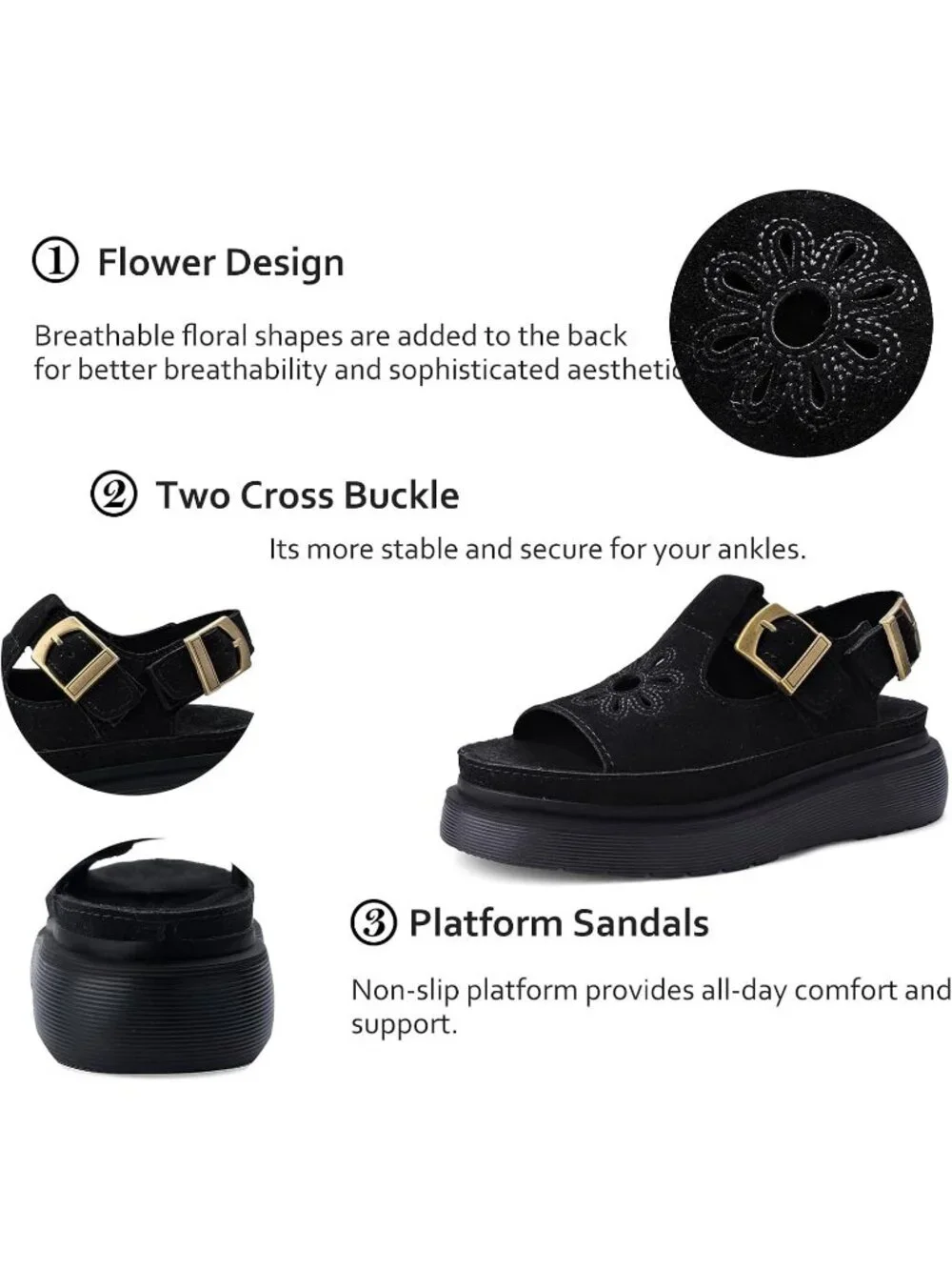 Women's Black Suede Open Toe Flower Decoration Fisherman Platform Sandal Shoes